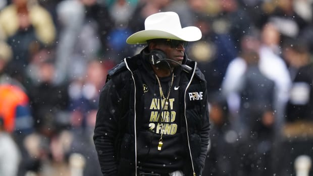 Apr 22, 2023; Boulder, CO, USA; Colorado Buffaloes head coach Deion Sanders during the first half of the spring game at Folsom Filed. Mandatory Credit: Ron Chenoy-USA TODAY Sports